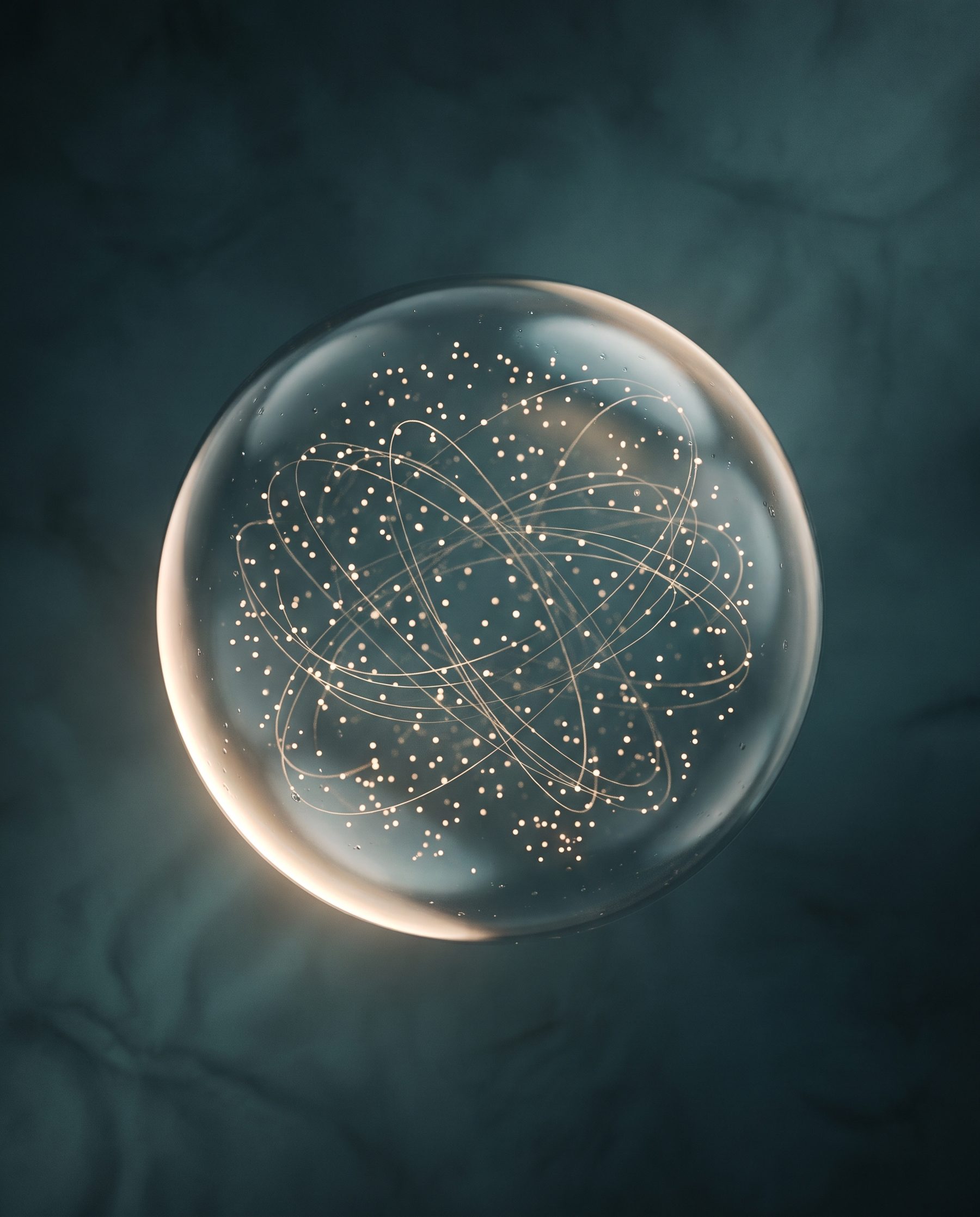 Abstract visual: constellation of light inside a glass sphere